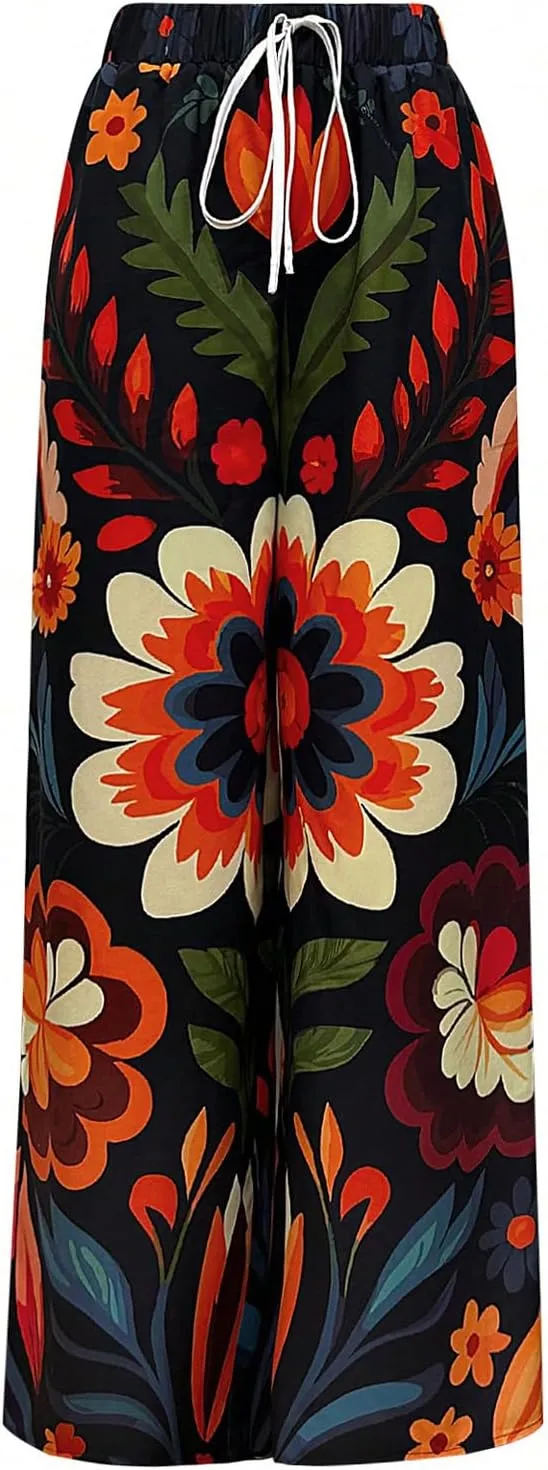 SOLY HUX Women's High Waisted Boho Floral Pants Summer Beach Vacation Loose Palazzo Trousers