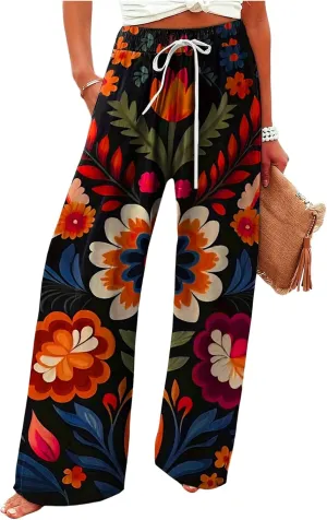 SOLY HUX Women's High Waisted Boho Floral Pants Summer Beach Vacation Loose Palazzo Trousers
