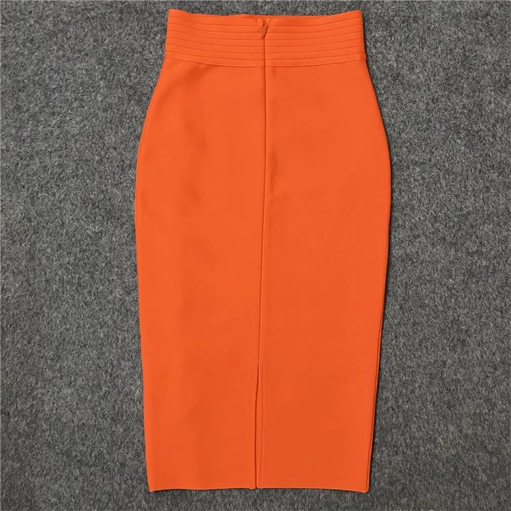Sorrica Women's Elastic Waist Stretch Midi Pencil Skirt Bodycon Button Decor Skirts with Back Slit
