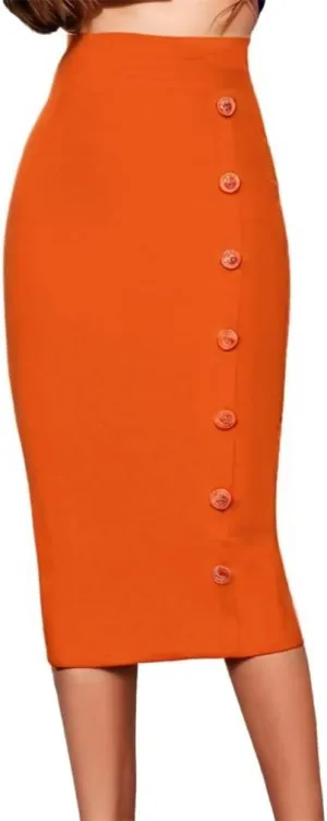 Sorrica Women's Elastic Waist Stretch Midi Pencil Skirt Bodycon Button Decor Skirts with Back Slit