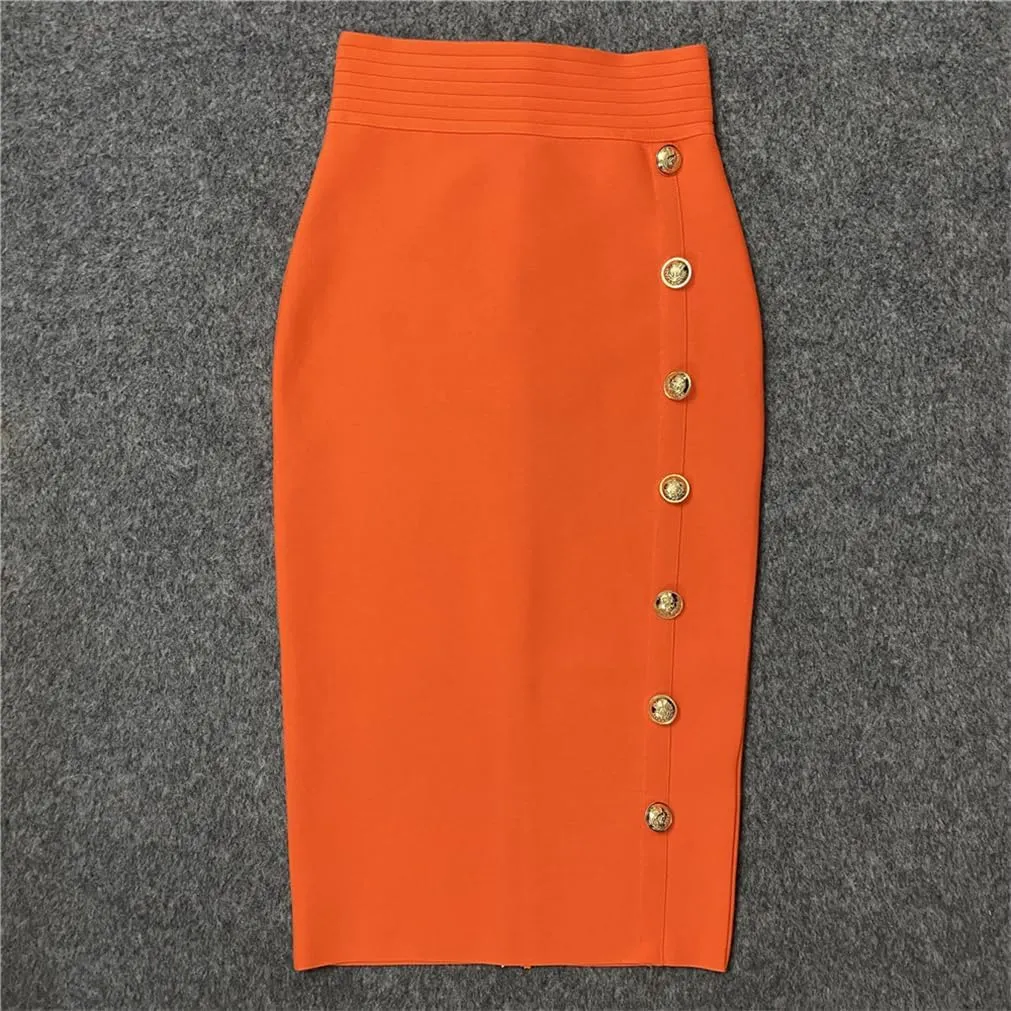Sorrica Women's Elastic Waist Stretch Midi Pencil Skirt Bodycon Button Decor Skirts with Back Slit