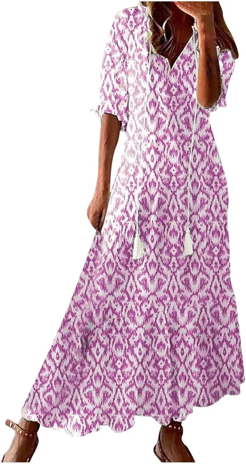 Summer Dresses for Women 2024 Boho Floral Printed Maxi Dress Midi Sleeve Smocked Ruffle V Neck Flowy Beach Dress