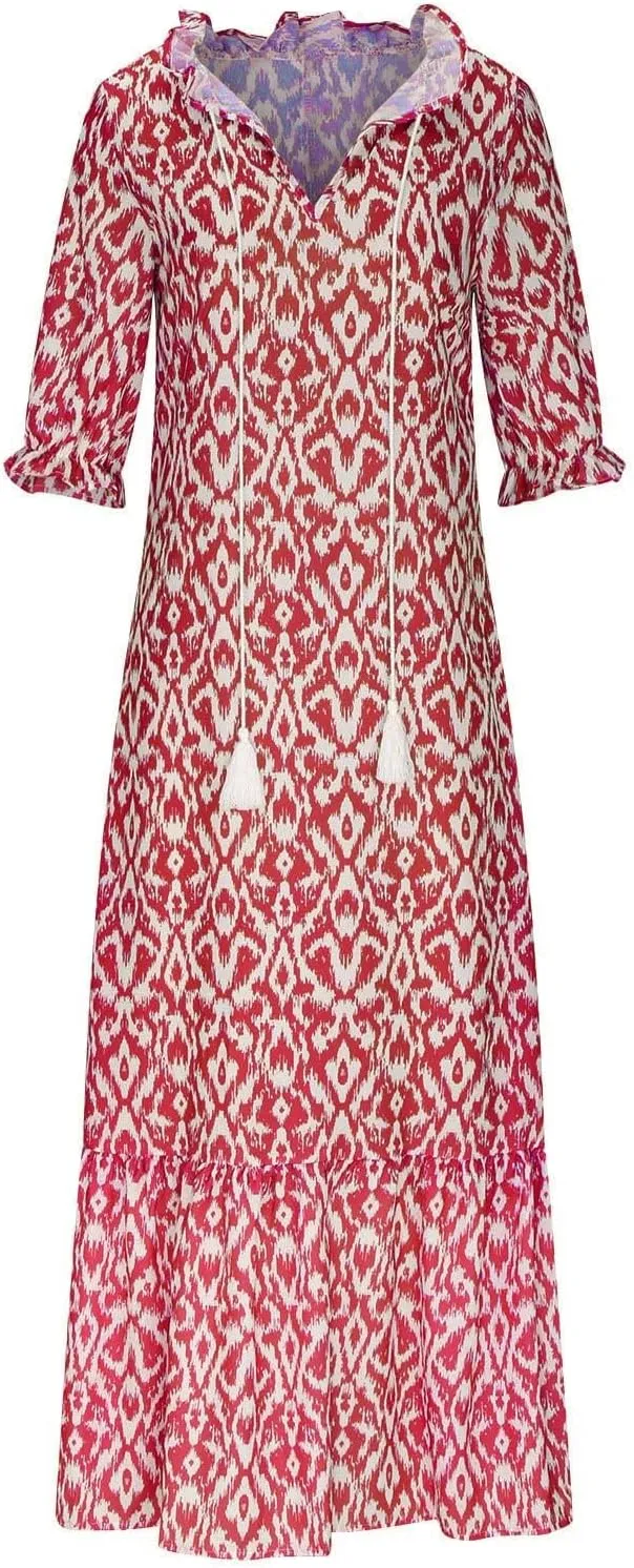 Summer Dresses for Women 2024 Boho Floral Printed Maxi Dress Midi Sleeve Smocked Ruffle V Neck Flowy Beach Dress