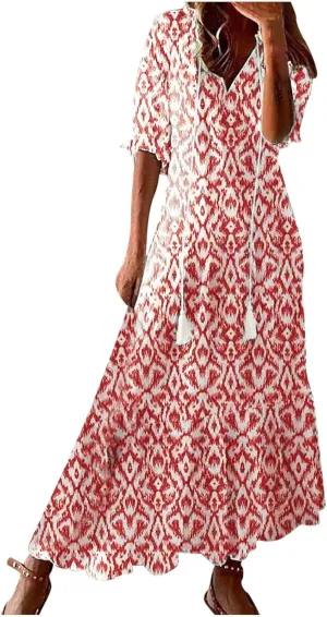 Summer Dresses for Women 2024 Boho Floral Printed Maxi Dress Midi Sleeve Smocked Ruffle V Neck Flowy Beach Dress