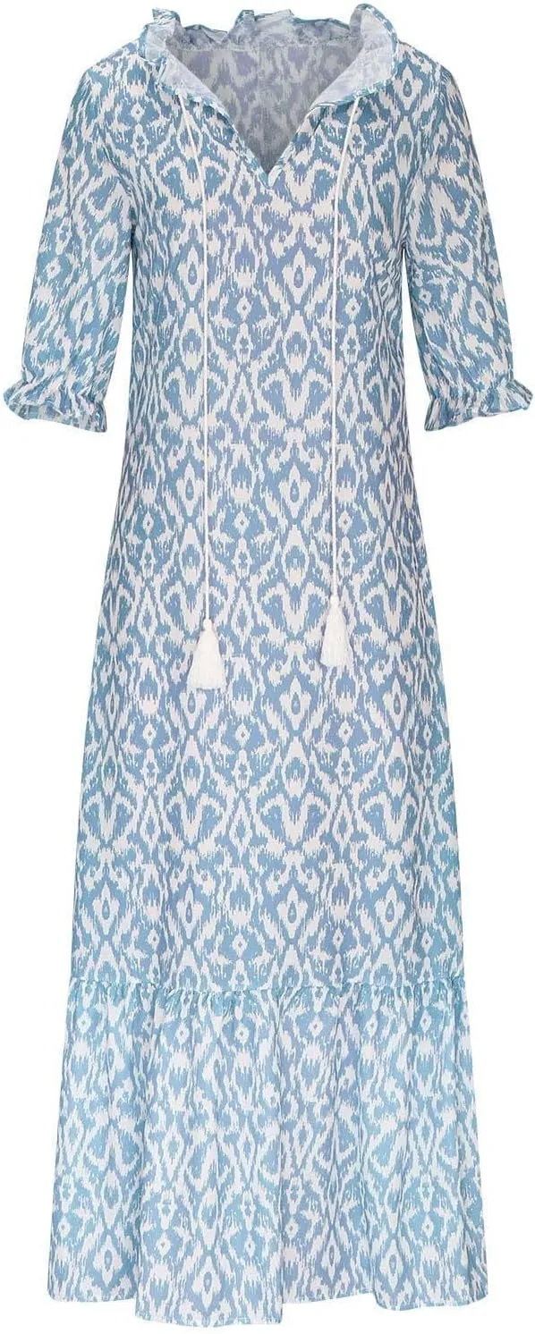 Summer Dresses for Women 2024 Boho Floral Printed Maxi Dress Midi Sleeve Smocked Ruffle V Neck Flowy Beach Dress