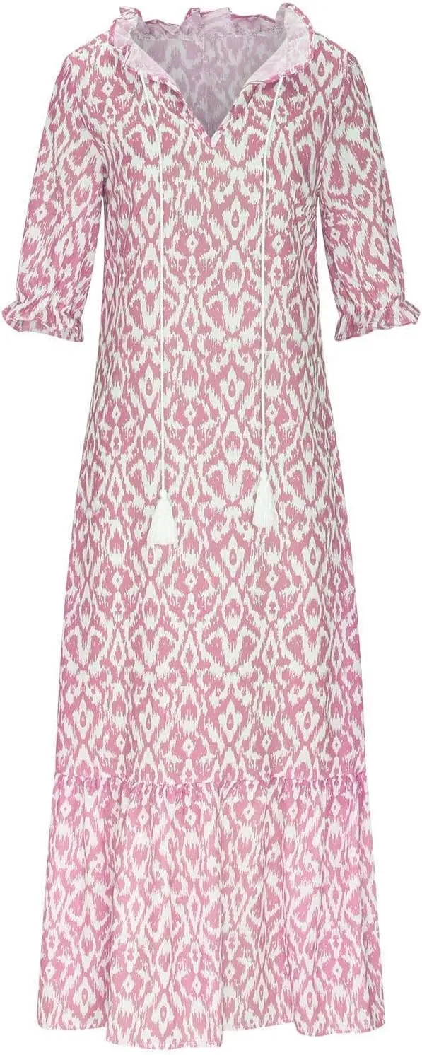 Summer Dresses for Women 2024 Boho Floral Printed Maxi Dress Midi Sleeve Smocked Ruffle V Neck Flowy Beach Dress