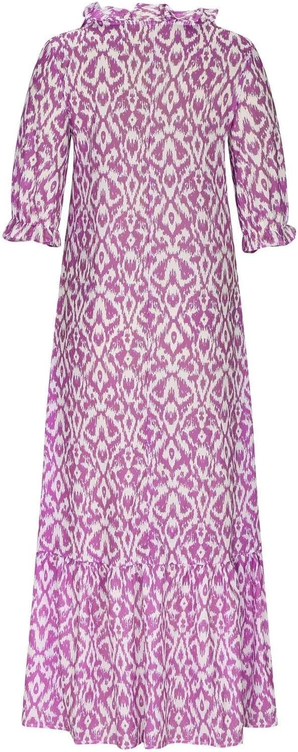 Summer Dresses for Women 2024 Boho Floral Printed Maxi Dress Midi Sleeve Smocked Ruffle V Neck Flowy Beach Dress