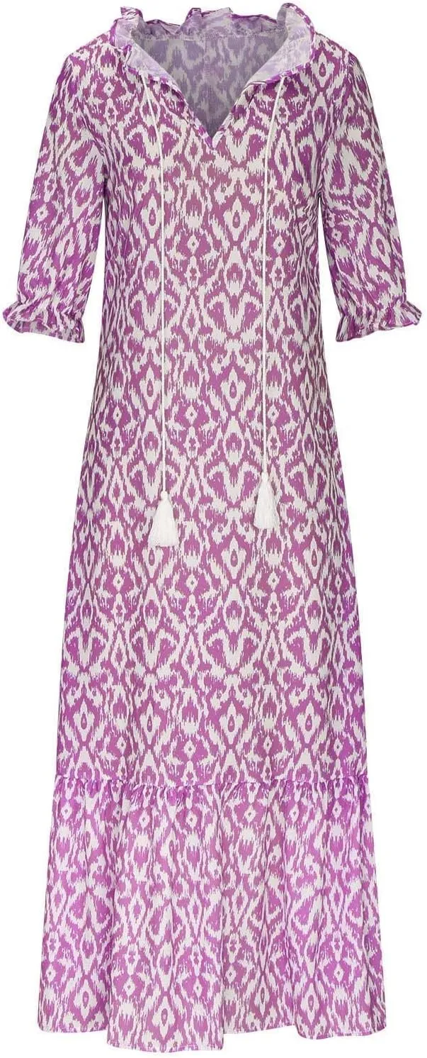 Summer Dresses for Women 2024 Boho Floral Printed Maxi Dress Midi Sleeve Smocked Ruffle V Neck Flowy Beach Dress