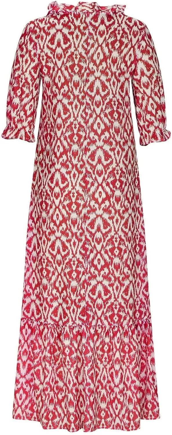 Summer Dresses for Women 2024 Boho Floral Printed Maxi Dress Midi Sleeve Smocked Ruffle V Neck Flowy Beach Dress