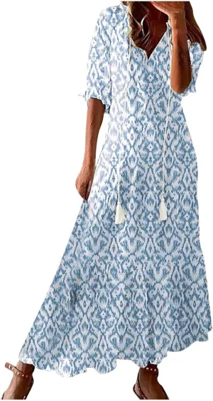 Summer Dresses for Women 2024 Boho Floral Printed Maxi Dress Midi Sleeve Smocked Ruffle V Neck Flowy Beach Dress