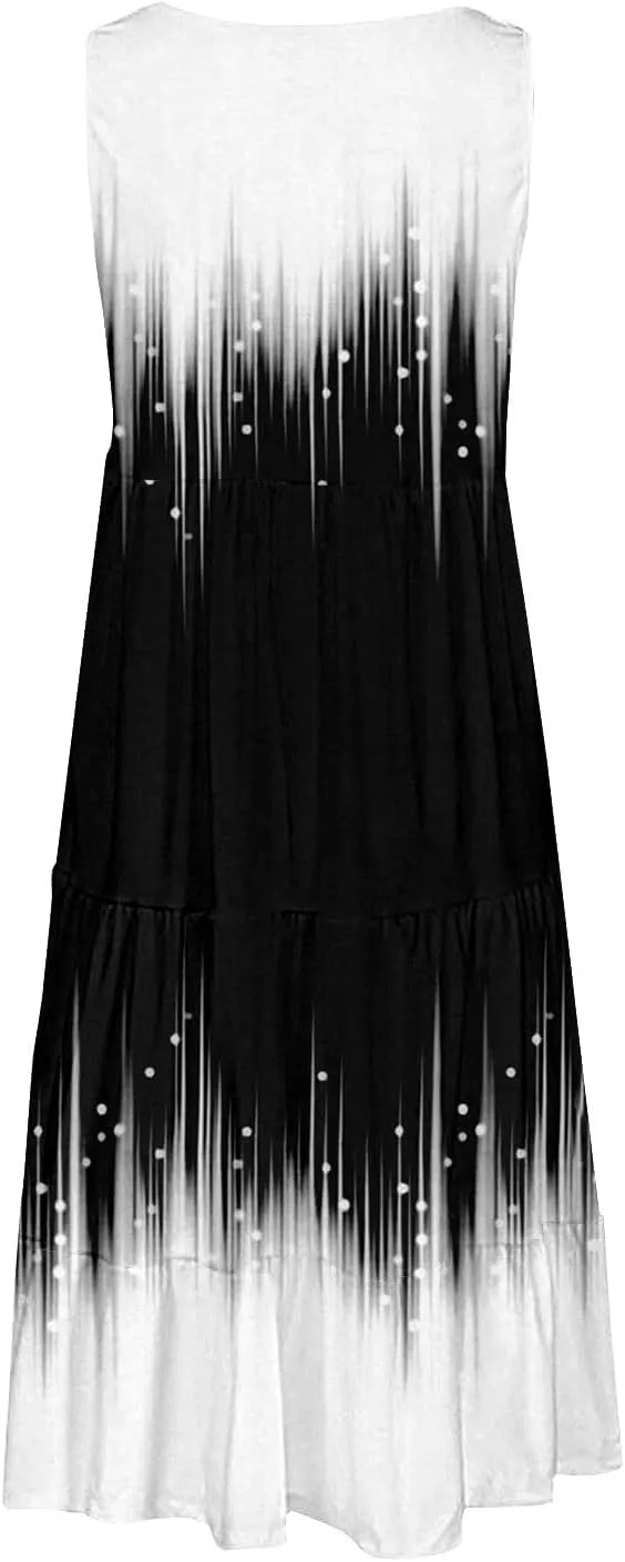 Summer Dresses for Women 2025 Vacation Casual Sexy Sleeveless Beach Dress Crewneck Splicing Boho Flowy Midi Sundresses
