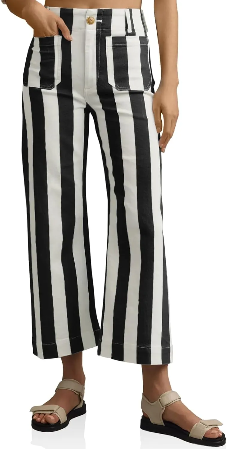 Tankaneo Womens Cropped Striped Jeans Casual High Waisted Stretchy Straight Leg Denim Pants with Pockets