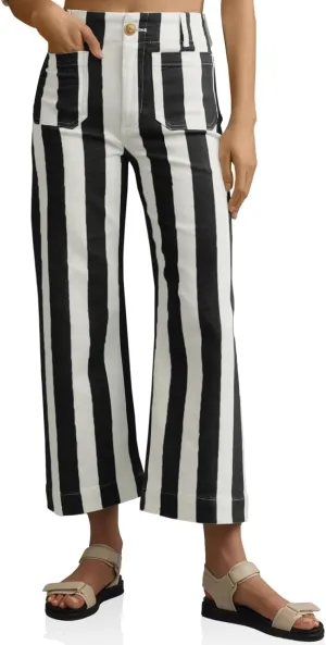 Tankaneo Womens Cropped Striped Jeans Casual High Waisted Stretchy Straight Leg Denim Pants with Pockets