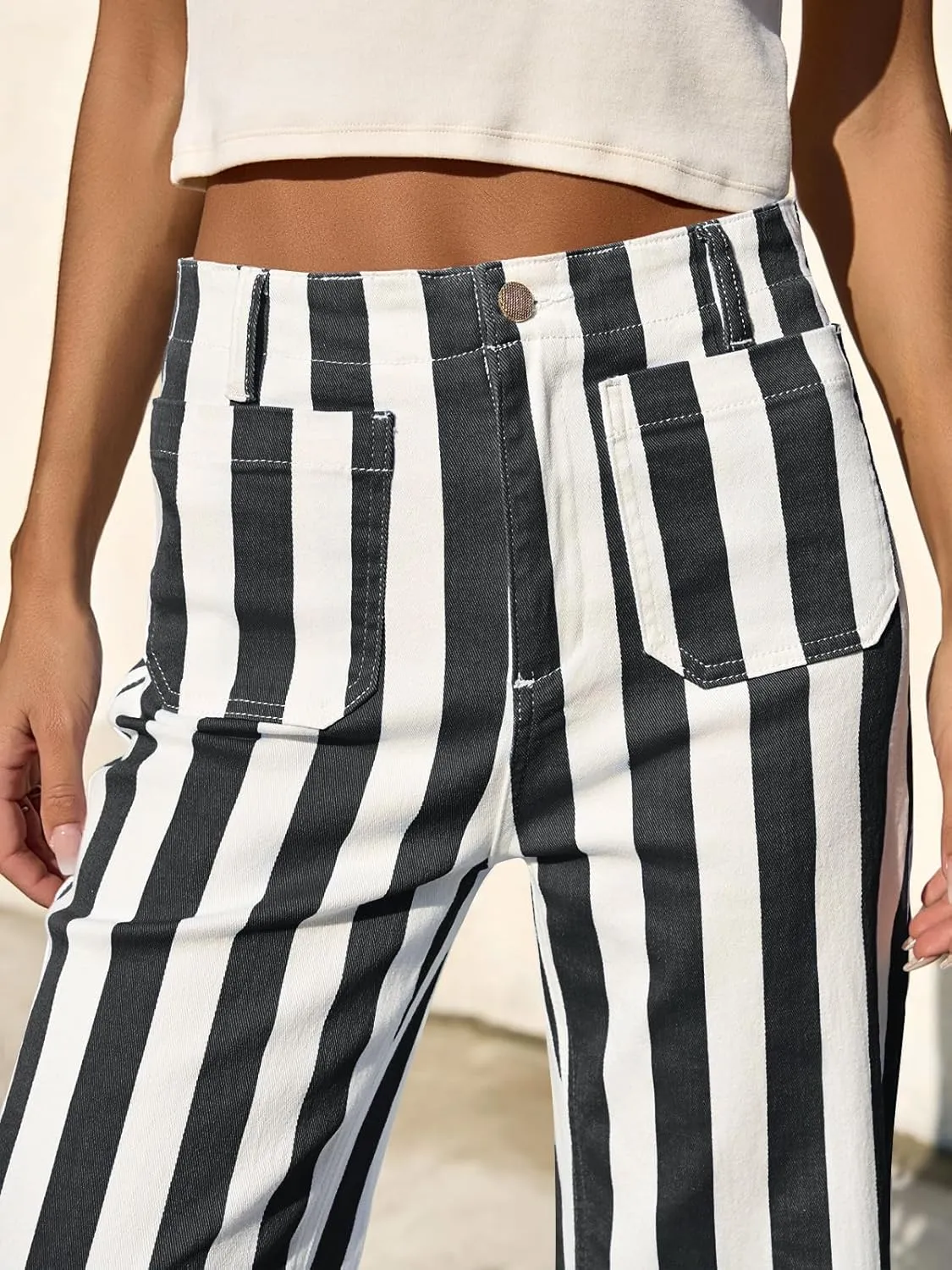 Tankaneo Womens Cropped Striped Jeans Casual High Waisted Stretchy Straight Leg Denim Pants with Pockets