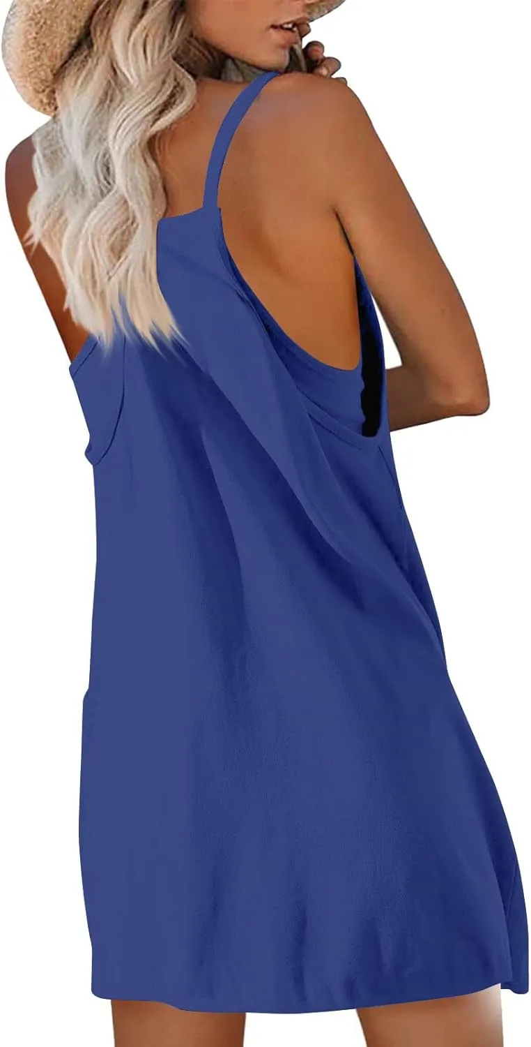 Tennis Dress for Women Built-in Shorts Underneath Casual Sleeveless Spaghetti Golf Sundress Workout Dress with Pockets
