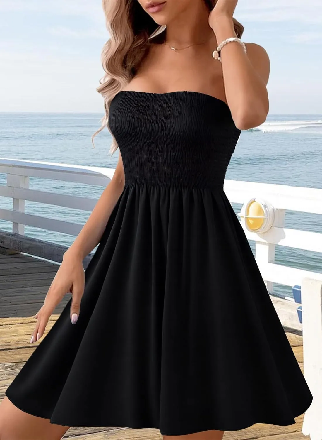 Tube Top Dress Boho Floral Summer Beach Csual Sun Dresses Strapless Dress for Women Red S