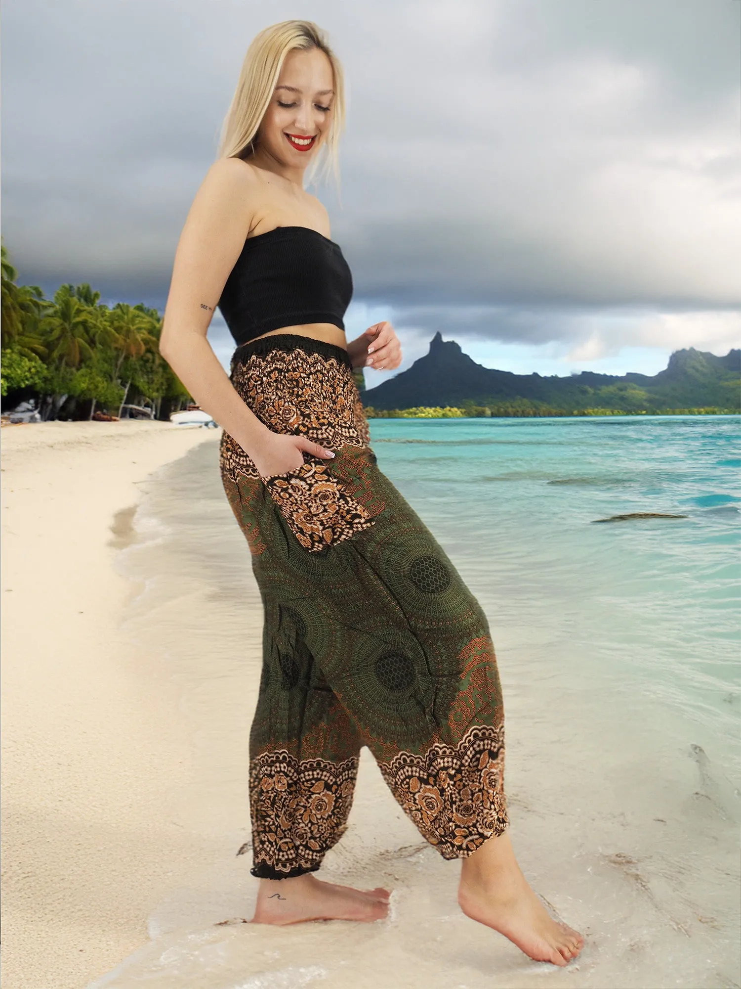 Unisex Harem Yoga Hippie Boho Pants in Green Brown Tones L