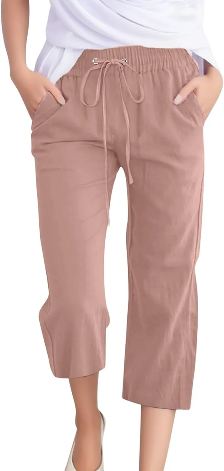 wide leg sweatpants for women,warehouse amazon warehouse deals Capris Pants for Women Cotton Linen Casual Summer 2025 Straight Wide Leg Loose Drawstring Elastic Waist Cropped Trouser Rose Gold L