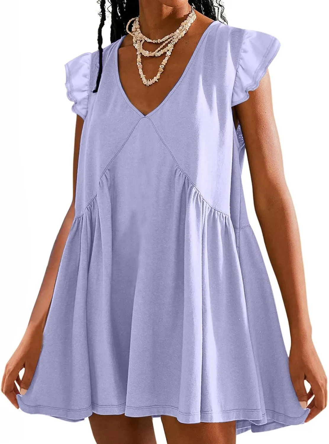 Women 2024 Summer Boho Beach Casual Short Dress Ruffle Cap Sleeve V Neck Cute Flowy Swing A-Line Mini Dress Sundress