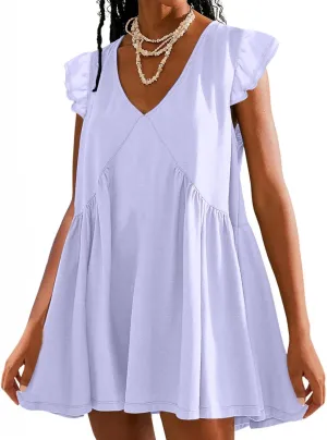 Women 2024 Summer Boho Beach Casual Short Dress Ruffle Cap Sleeve V Neck Cute Flowy Swing A-Line Mini Dress Sundress