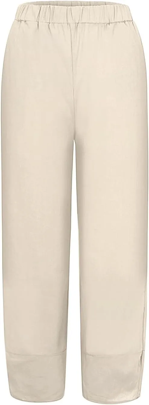 Women Cotton Linen Summer Comfy Palazzo Pants High Waist Wide Leg Loose Fit Palazzo Pants Beach