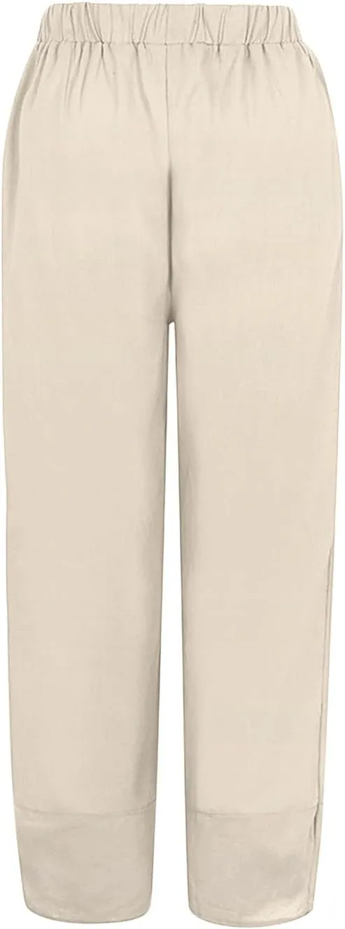 Women Cotton Linen Summer Comfy Palazzo Pants High Waist Wide Leg Loose Fit Palazzo Pants Beach
