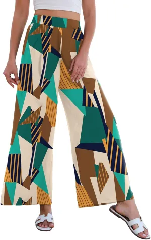 Women High Waisted Palazzo Pants Flare Wide Leg Boho Printed with Pockets