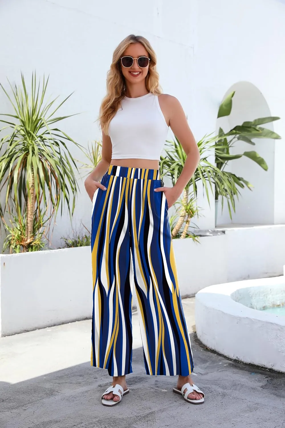 Women High Waisted Palazzo Pants Flare Wide Leg Boho Printed with Pockets