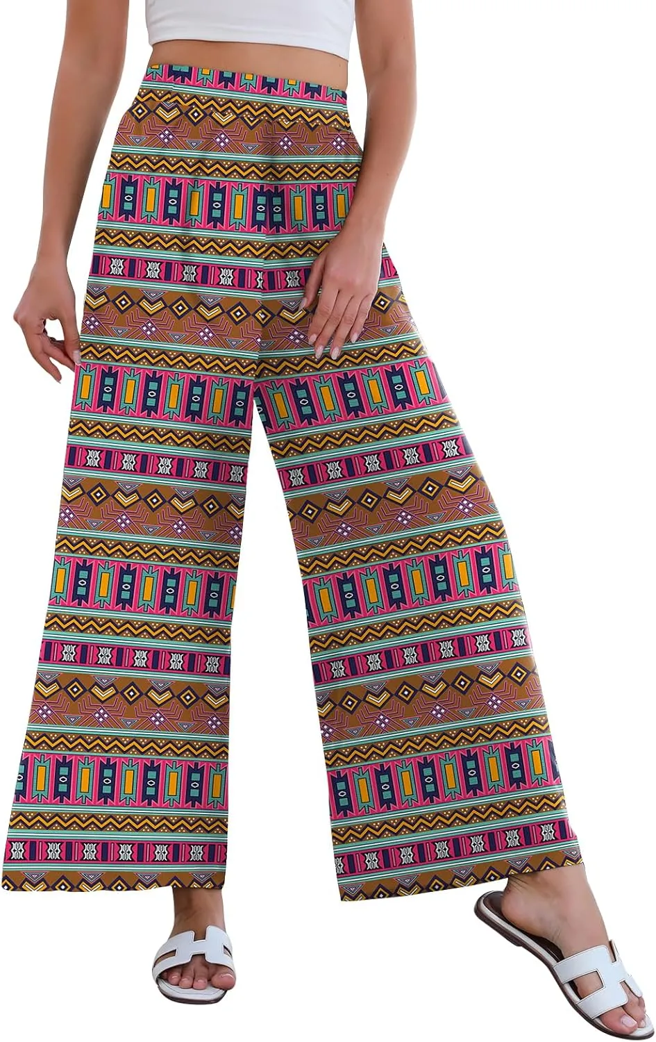 Women High Waisted Palazzo Pants Flare Wide Leg Boho Printed with Pockets