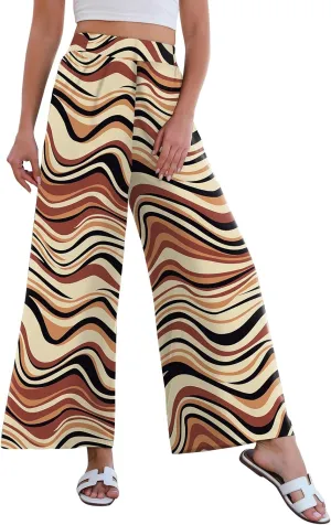 Women High Waisted Palazzo Pants Flare Wide Leg Boho Printed with Pockets