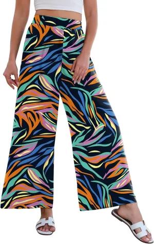 Women High Waisted Palazzo Pants Flare Wide Leg Boho Printed with Pockets