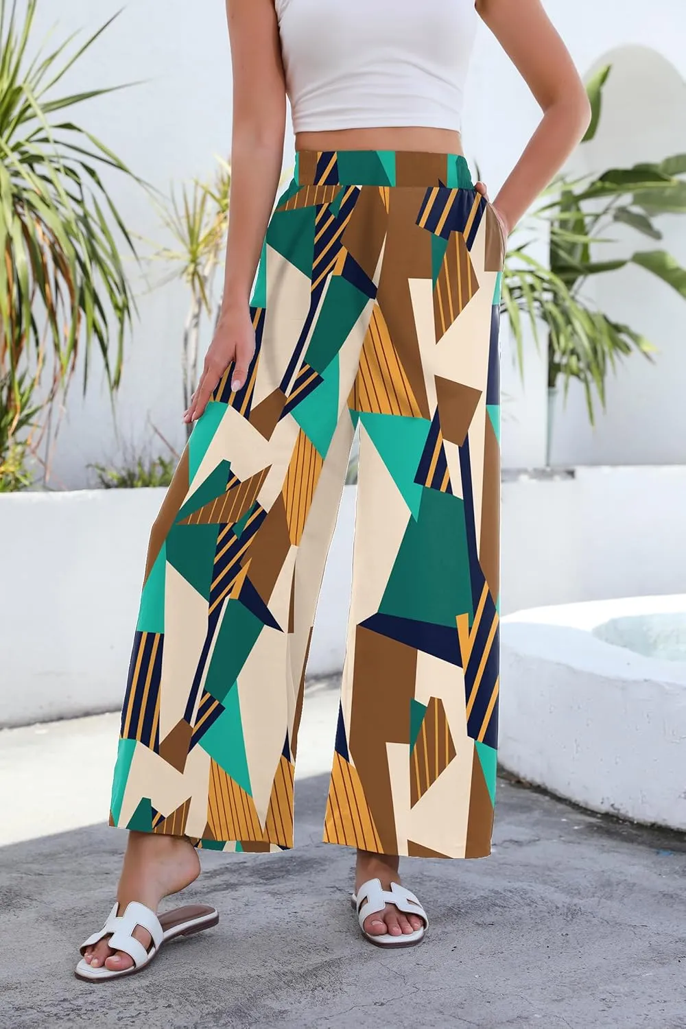 Women High Waisted Palazzo Pants Flare Wide Leg Boho Printed with Pockets
