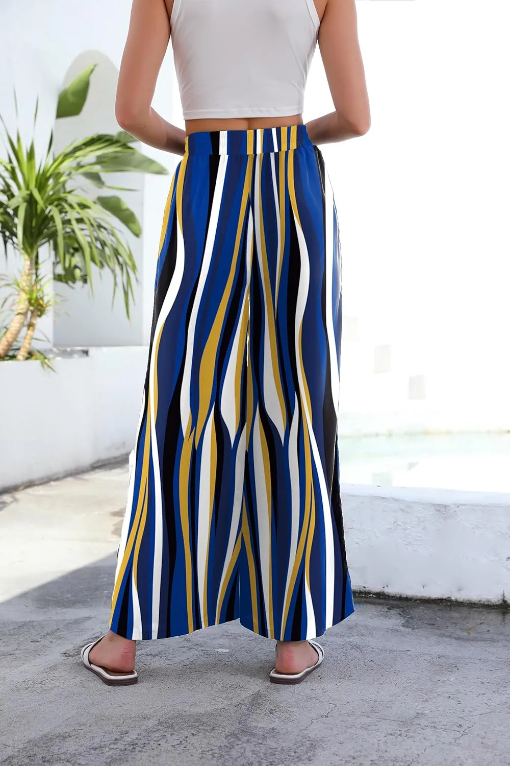 Women High Waisted Palazzo Pants Flare Wide Leg Boho Printed with Pockets