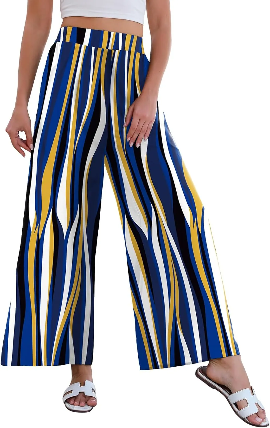 Women High Waisted Palazzo Pants Flare Wide Leg Boho Printed with Pockets