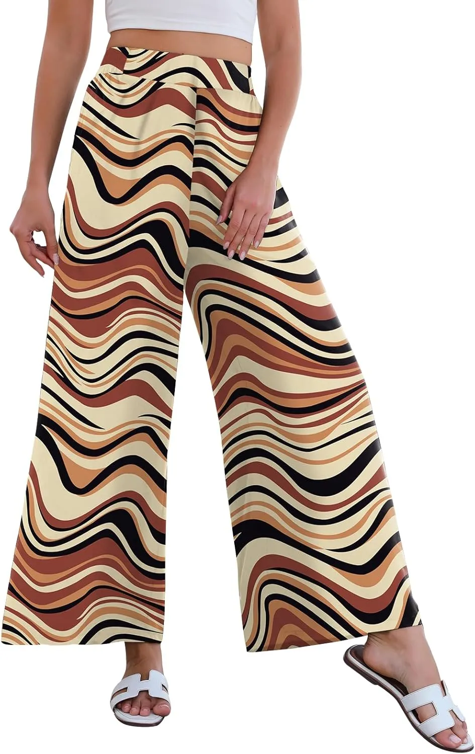 Women High Waisted Palazzo Pants Flare Wide Leg Boho Printed with Pockets