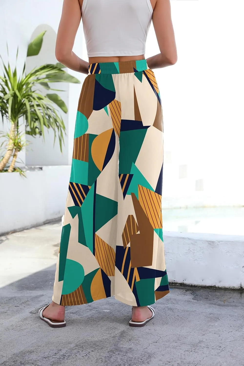 Women High Waisted Palazzo Pants Flare Wide Leg Boho Printed with Pockets