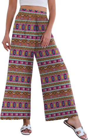 Women High Waisted Palazzo Pants Flare Wide Leg Boho Printed with Pockets
