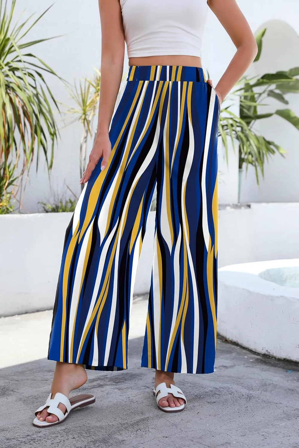 Women High Waisted Palazzo Pants Flare Wide Leg Boho Printed with Pockets