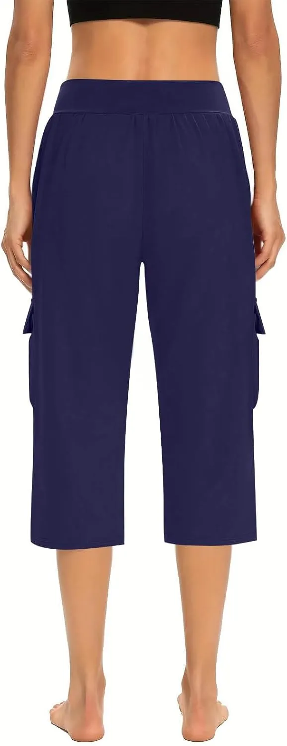 Women Loose Cargo Capri Pants for Women Summer Tummy Control High Waist Yoga Workout Pant Athletic Straight Leg Crop Trousers