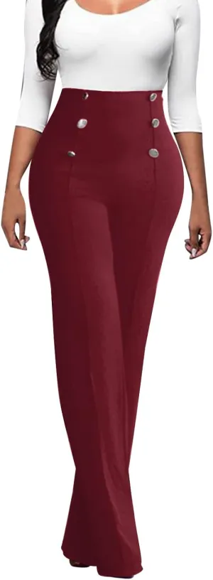 Women Plus Size Button-Down Bootcut Wide Leg Pants Sailor Bell Button Flare Pants Stretchy Long High Waist Business Trousers