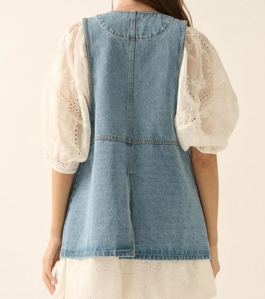 Women Western Baggy Denim Vest Button Down Sleeveless Back Slit Distressed Jean Jacket Vintage Long Denim Vest