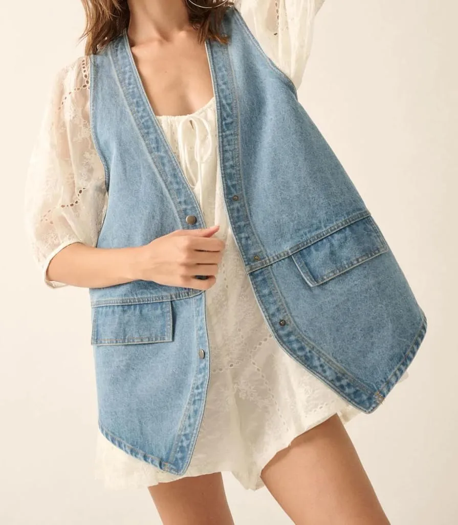 Women Western Baggy Denim Vest Button Down Sleeveless Back Slit Distressed Jean Jacket Vintage Long Denim Vest