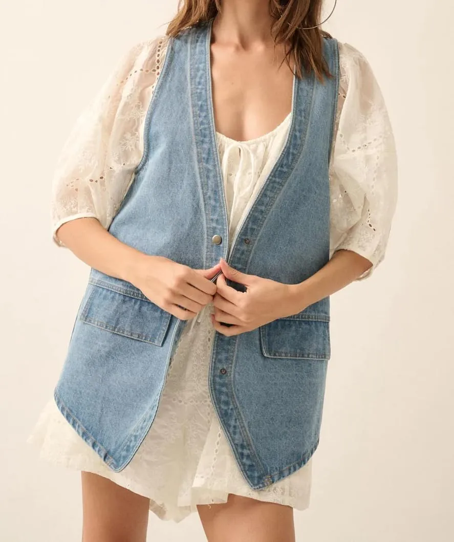 Women Western Baggy Denim Vest Button Down Sleeveless Back Slit Distressed Jean Jacket Vintage Long Denim Vest