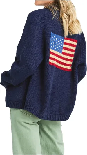 Women's American Flag Cardigan Long Sleeve Open Front Button Down Chunky Knit Varsity Sweater