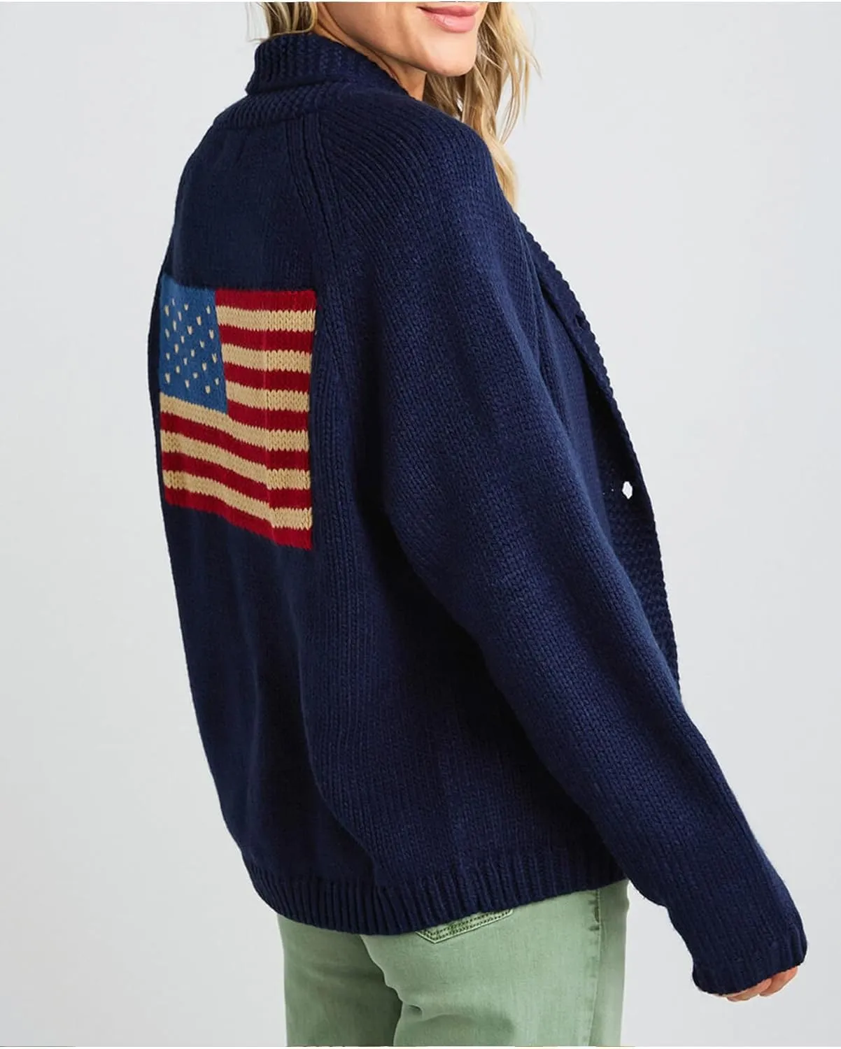 Women's American Flag Cardigan Long Sleeve Open Front Button Down Chunky Knit Varsity Sweater