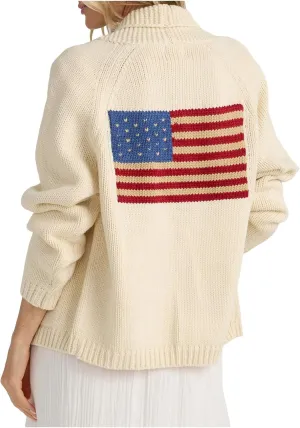 Women's American Flag Cardigan Long Sleeve Open Front Button Down Chunky Knit Varsity Sweater