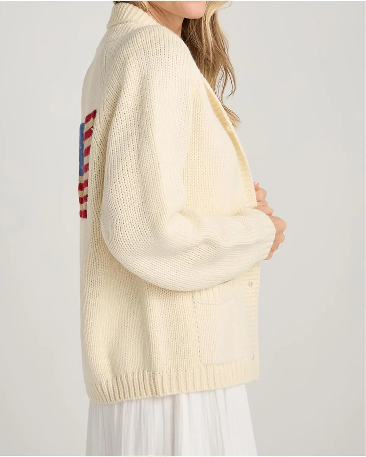 Women's American Flag Cardigan Long Sleeve Open Front Button Down Chunky Knit Varsity Sweater