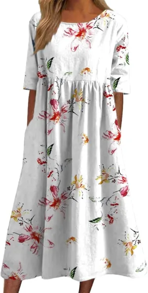 Women's Boho Dress Floral Flowy A Line Swing Casual Long Dress 3/4 Puff Sleeve Midi Loose Summer Beach Dresses with Pockets