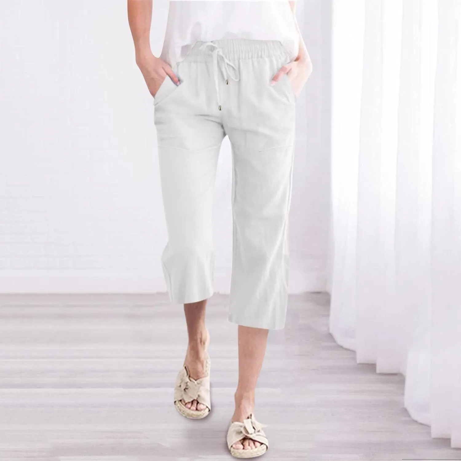 Womens Casual Capri Pants Summer Linen Elastic Waist Straight Loose Crop Trouser Lounge Athletic Yoga Pants Plus Size