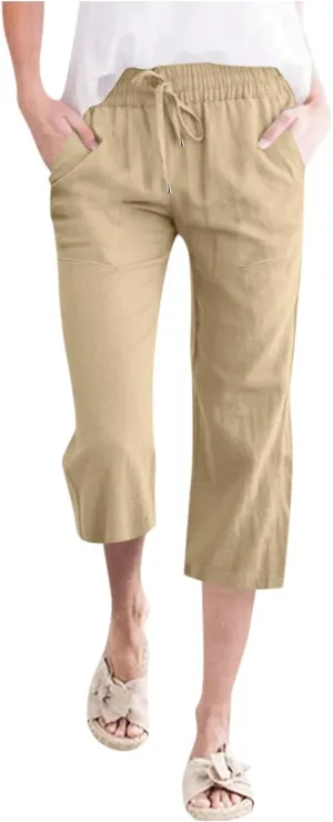 Womens Casual Capri Pants Summer Linen Elastic Waist Straight Loose Crop Trouser Lounge Athletic Yoga Pants Plus Size